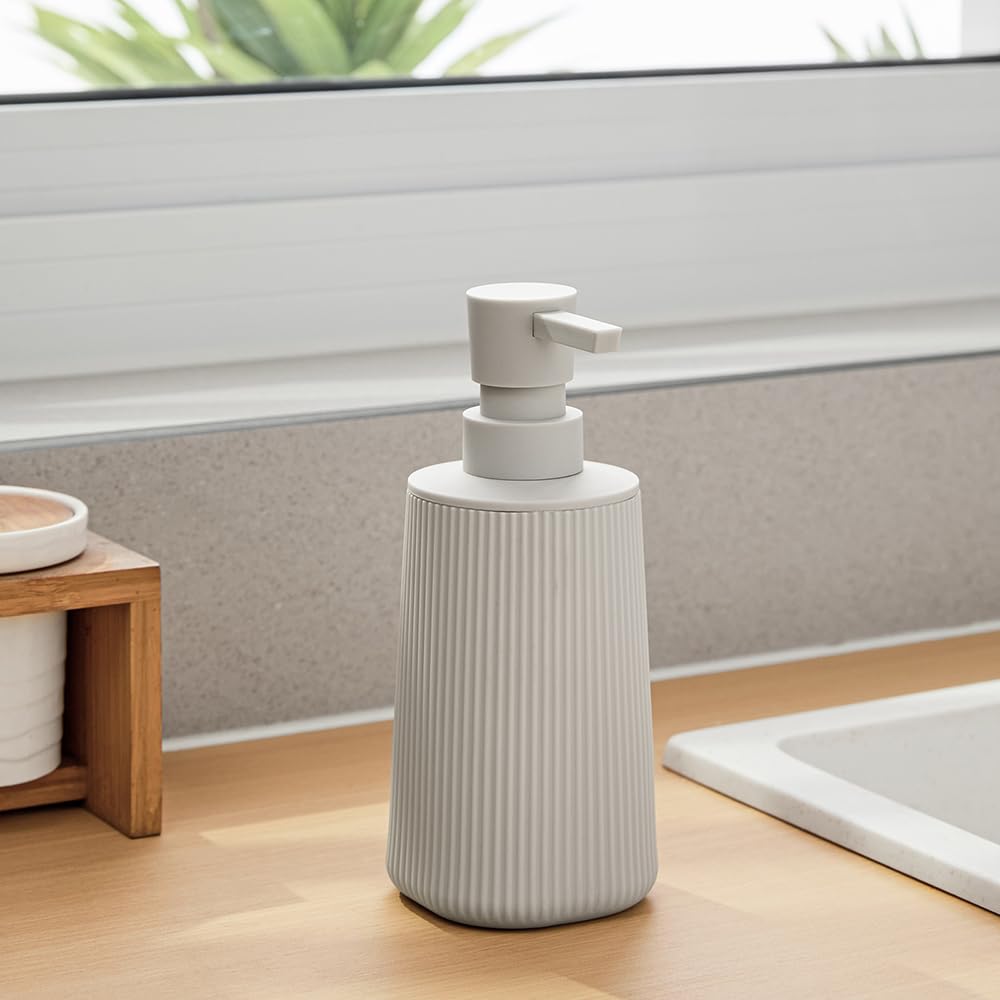 Small Soap Dispenser for Bathroom and Kitchen, Modern Farmhouse Striped Style Plastic Hand Soap Dish Soap Dispenser with Pump Matte Black