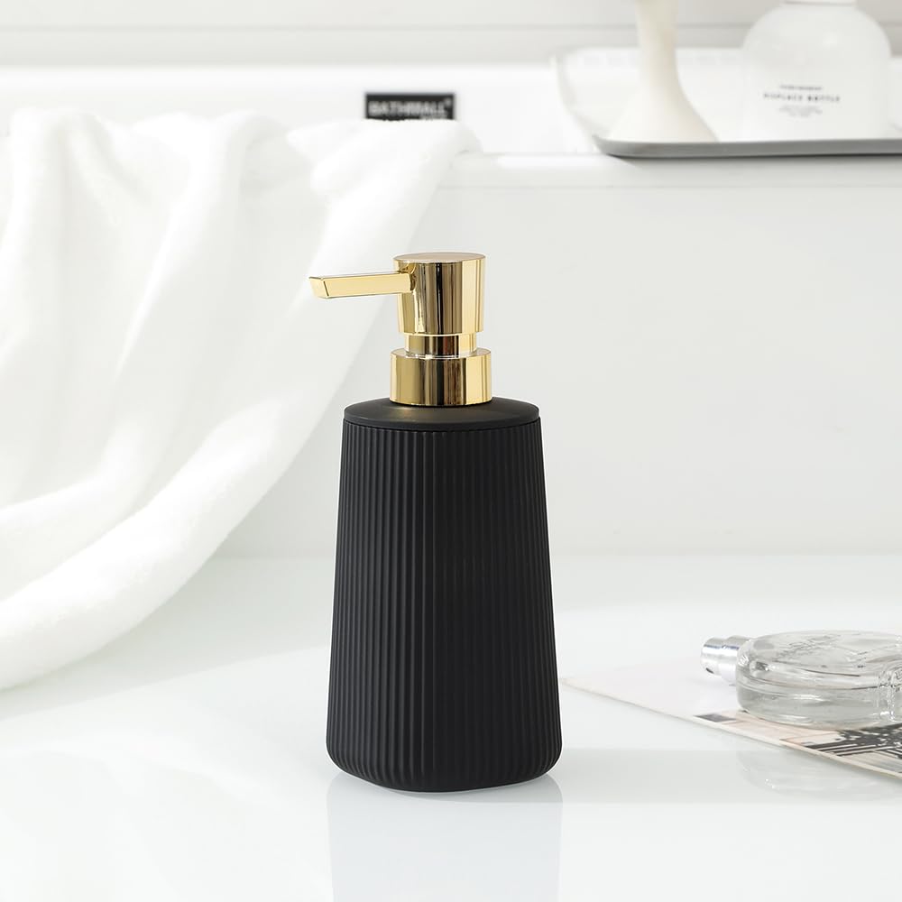 Small Soap Dispenser for Bathroom and Kitchen, Modern Farmhouse Striped Style Plastic Hand Soap Dish Soap Dispenser with Pump Matte Black