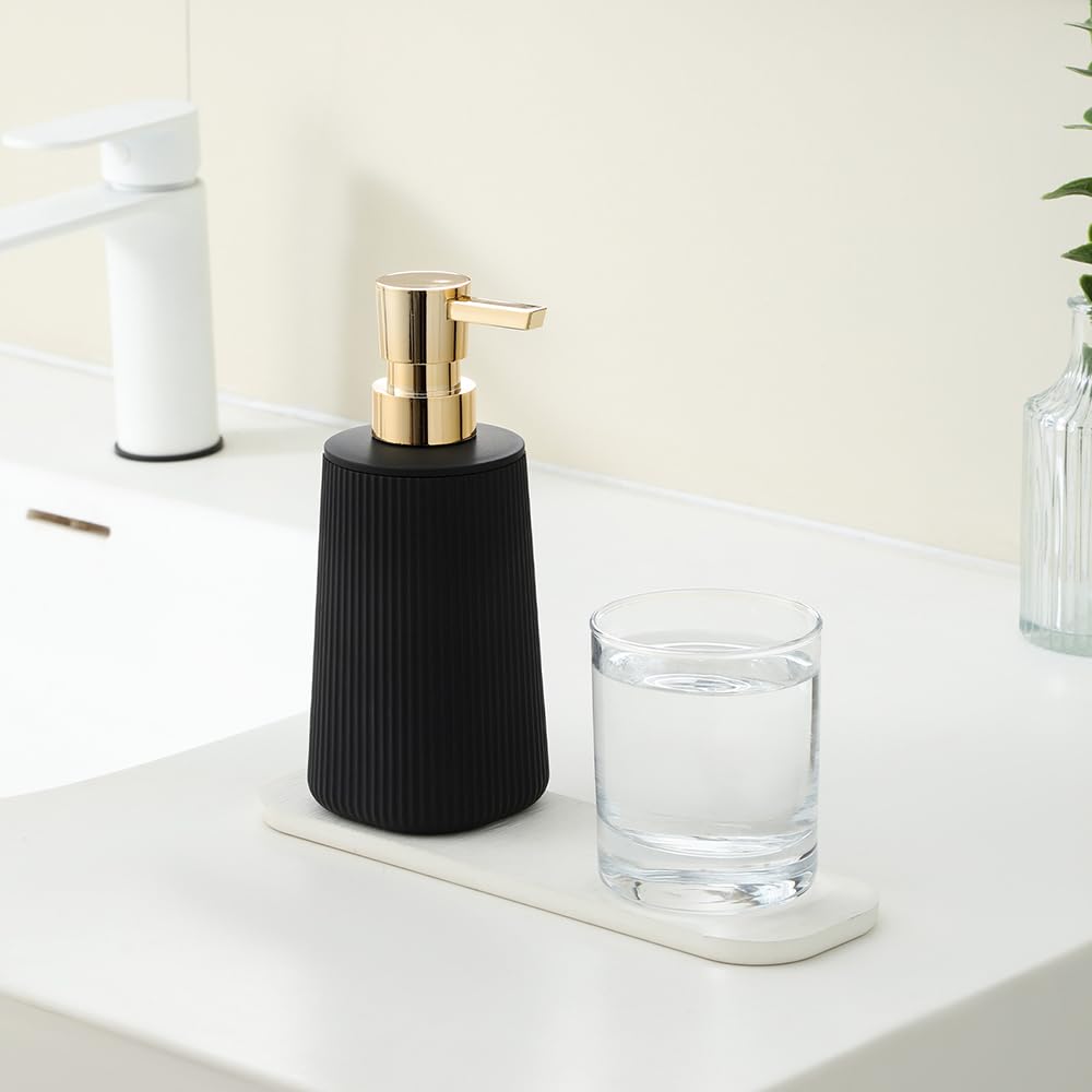 Small Soap Dispenser for Bathroom and Kitchen, Modern Farmhouse Striped Style Plastic Hand Soap Dish Soap Dispenser with Pump Matte Black
