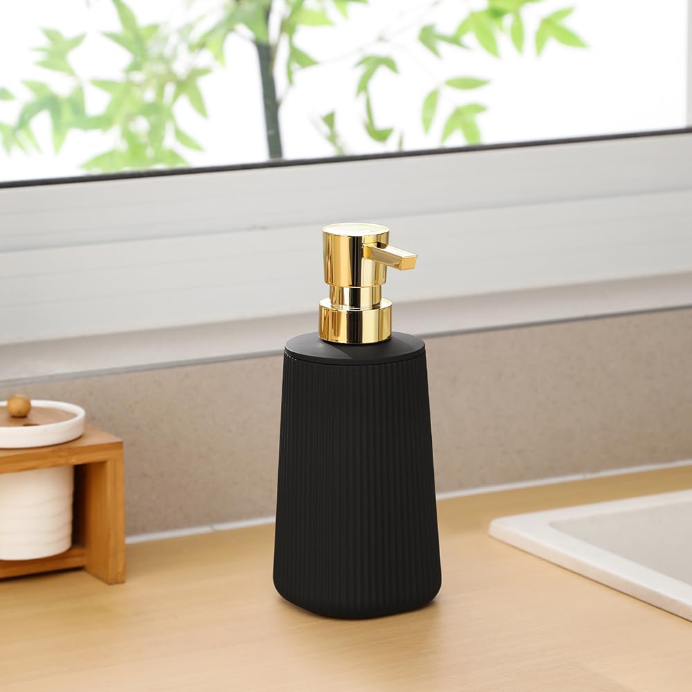 Small Soap Dispenser for Bathroom and Kitchen, Modern Farmhouse Striped Style Plastic Hand Soap Dish Soap Dispenser with Pump Matte Black