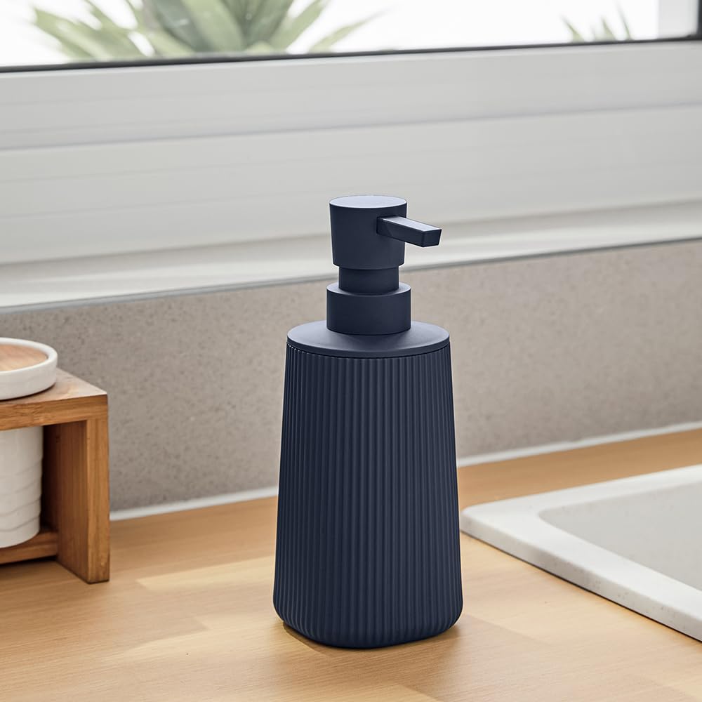 Small Soap Dispenser for Bathroom and Kitchen, Modern Farmhouse Striped Style Plastic Hand Soap Dish Soap Dispenser with Pump Matte Black