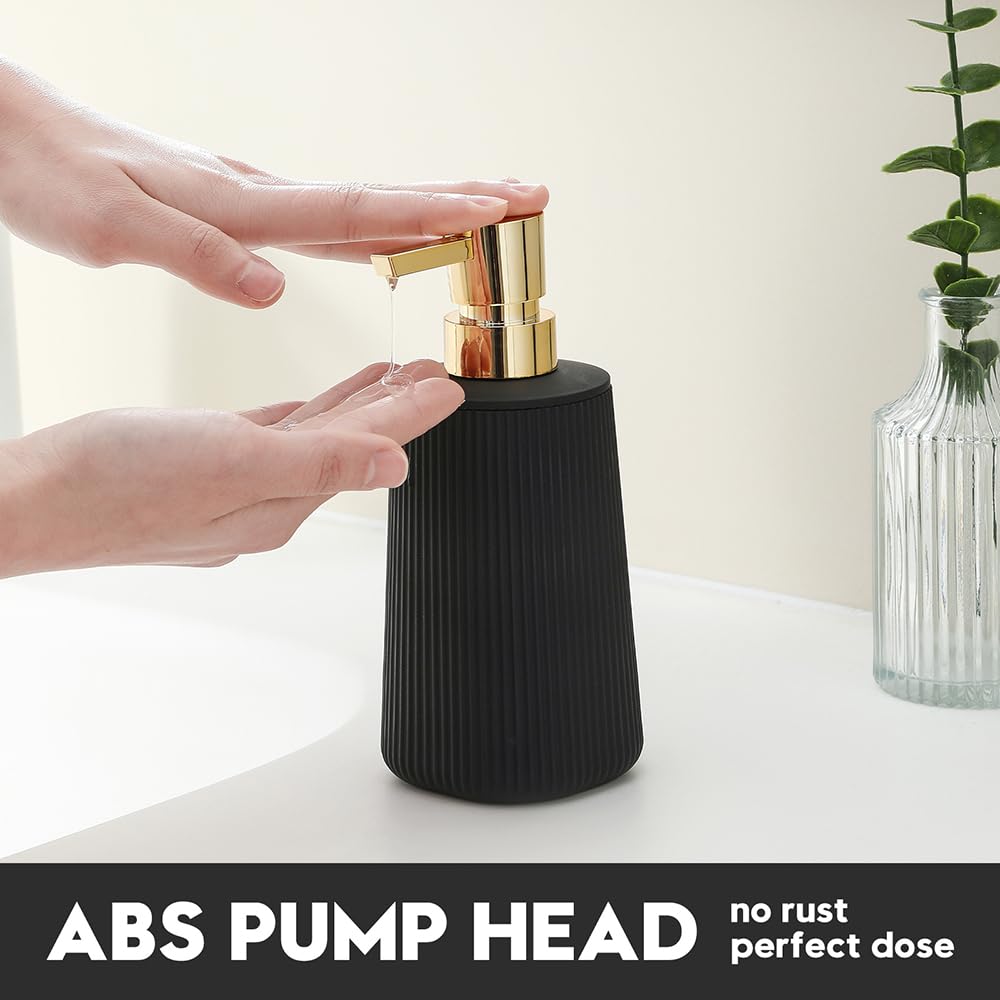 Small Soap Dispenser for Bathroom and Kitchen, Modern Farmhouse Striped Style Plastic Hand Soap Dish Soap Dispenser with Pump Matte Black