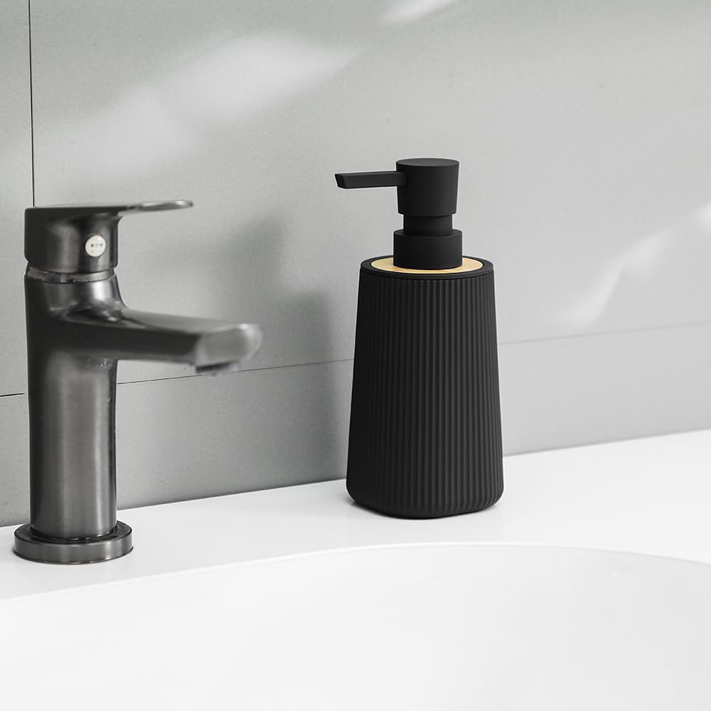 Small Soap Dispenser for Bathroom and Kitchen, Modern Farmhouse Striped Style Plastic Hand Soap Dish Soap Dispenser with Pump Matte Black