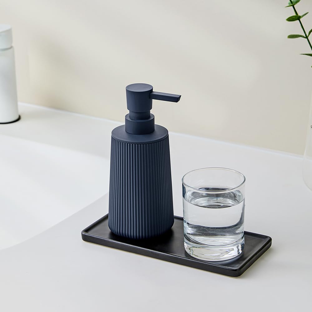 Small Soap Dispenser for Bathroom and Kitchen, Modern Farmhouse Striped Style Plastic Hand Soap Dish Soap Dispenser with Pump Matte Black