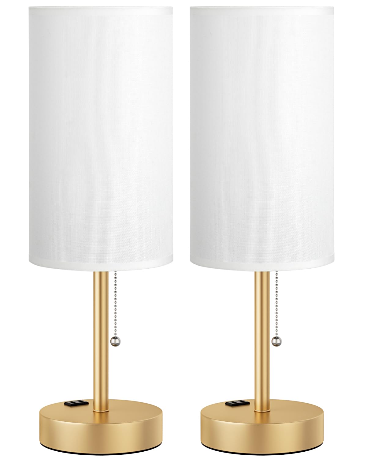 Bedside Table Lamps Set of 2-3 Color Temperatures Pull Chain Lamp with AC Outlet Charging Port, Small Round Night Stand Lamps for Bedroom Guest Room Office, Bed Side Light with E26 LED Bulbs