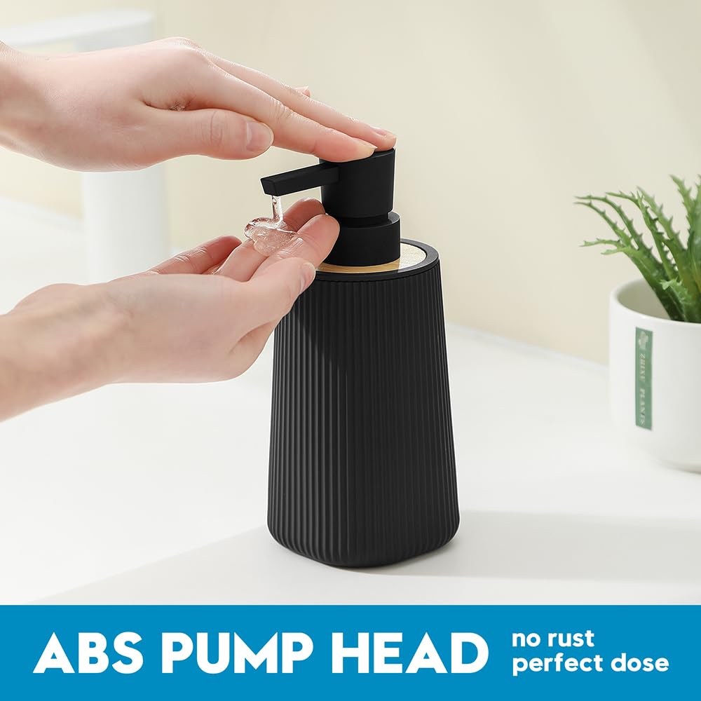 Small Soap Dispenser for Bathroom and Kitchen, Modern Farmhouse Striped Style Plastic Hand Soap Dish Soap Dispenser with Pump Matte Black