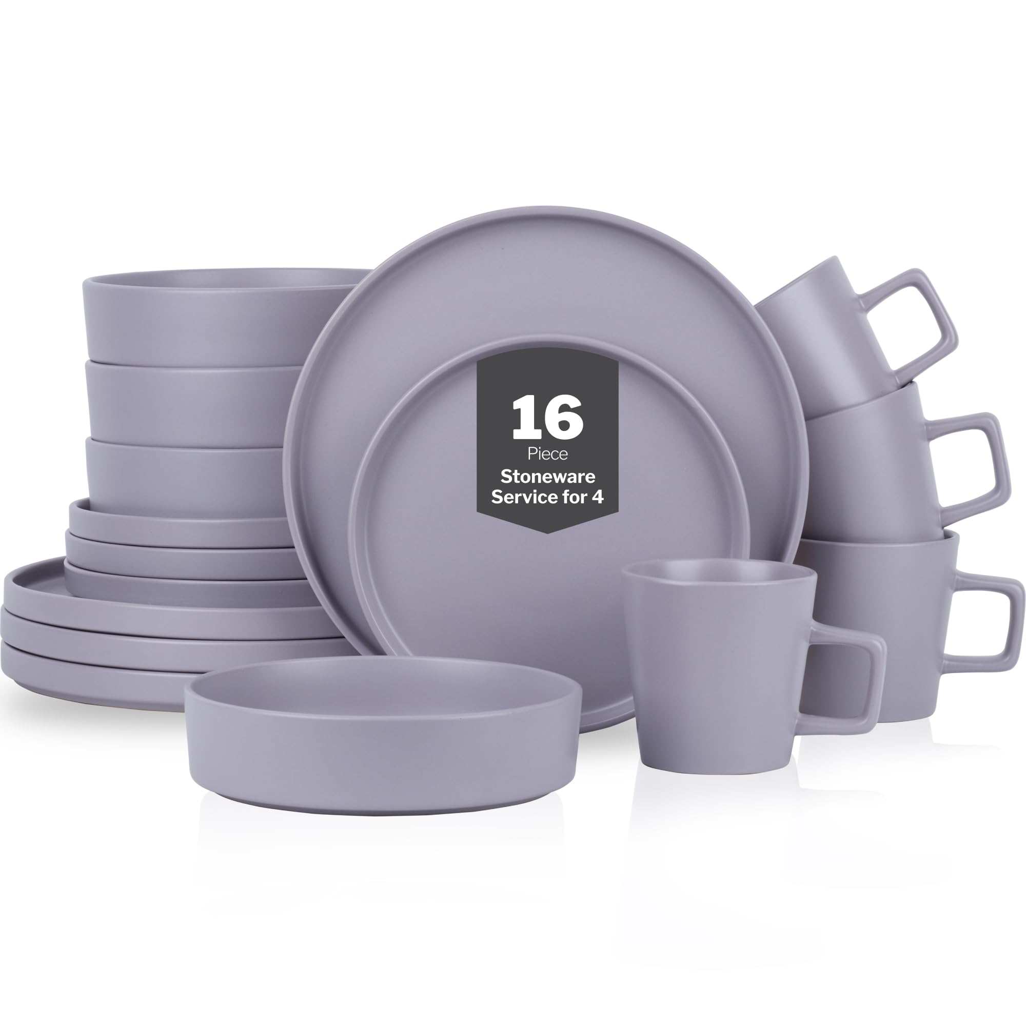 Stone Lain Celina Stoneware 16 Piece Dinnerware Set, Plates and Bowls, Black Matte Dish, Service for 4 – Minimalist Round Style, Microwave & Dishwasher Safe