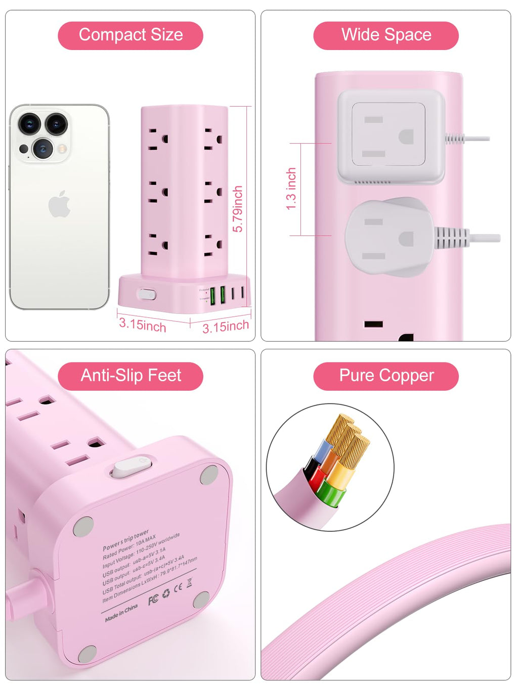 Power Strip Tower with Wireless Charger, Flat Plug Surge Protector Tower with 6FT Extension Cord, 12 AC Multiple Outlets, 4 USB (2 USB C),15W Wireless Charging Power Tower for Home Office Dorm, White