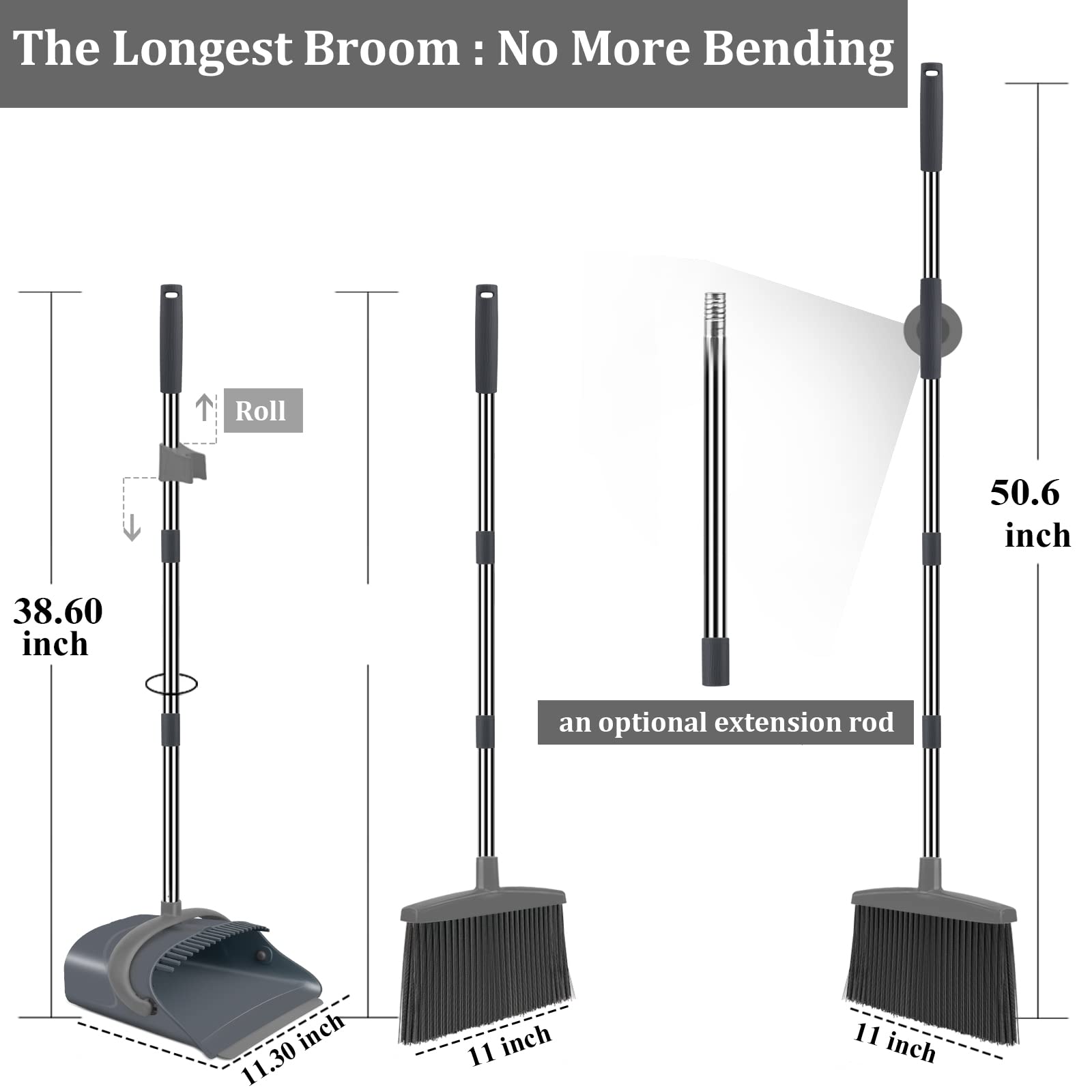 Ivandar Broom and Dustpan Set for Home, Broom and Dustpan Combo for Office, Long Handle Broom with Upright Standing Dust pan,Indoor&Outdoor Sweeping (Gray&Orange)