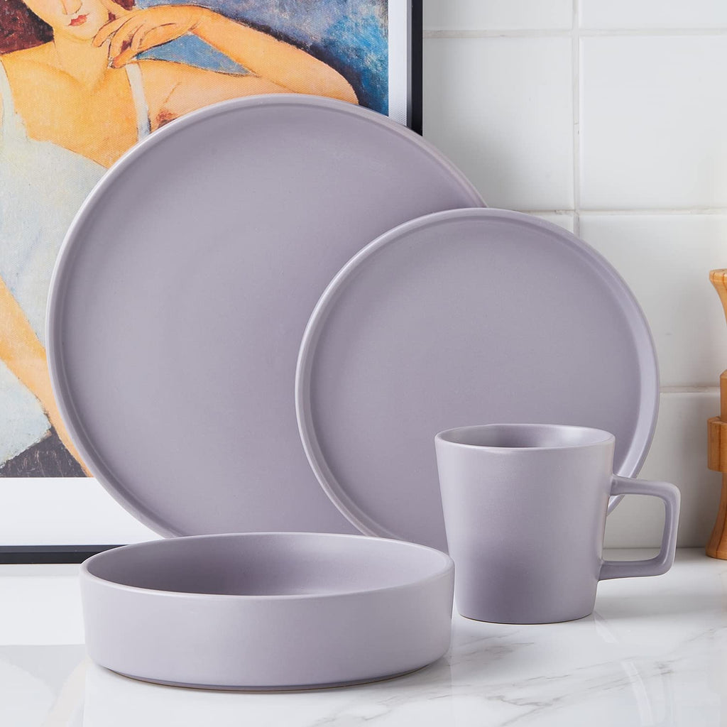 Stone Lain Celina Stoneware 16 Piece Dinnerware Set, Plates and Bowls, Black Matte Dish, Service for 4 – Minimalist Round Style, Microwave & Dishwasher Safe
