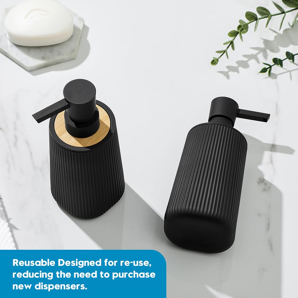 Small Soap Dispenser for Bathroom and Kitchen, Modern Farmhouse Striped Style Plastic Hand Soap Dish Soap Dispenser with Pump Matte Black