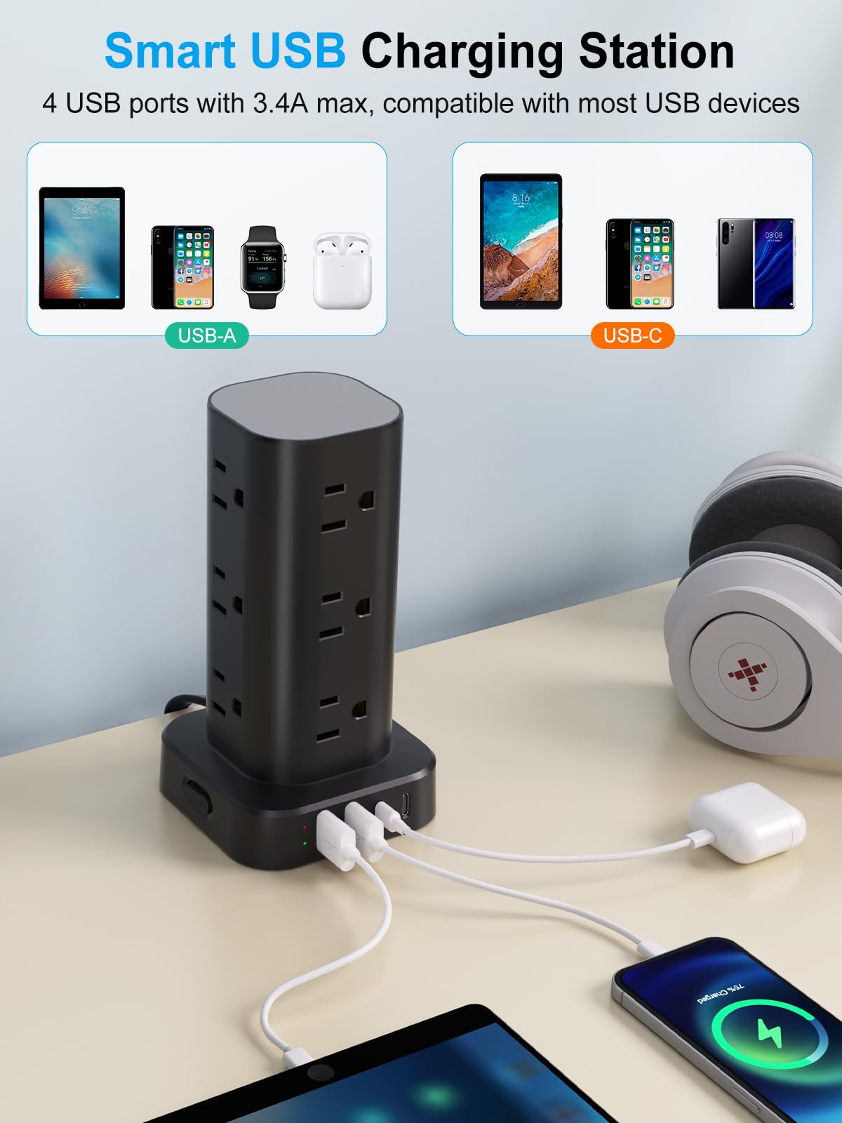 Power Strip Tower with Wireless Charger, Flat Plug Surge Protector Tower with 6FT Extension Cord, 12 AC Multiple Outlets, 4 USB (2 USB C),15W Wireless Charging Power Tower for Home Office Dorm, White