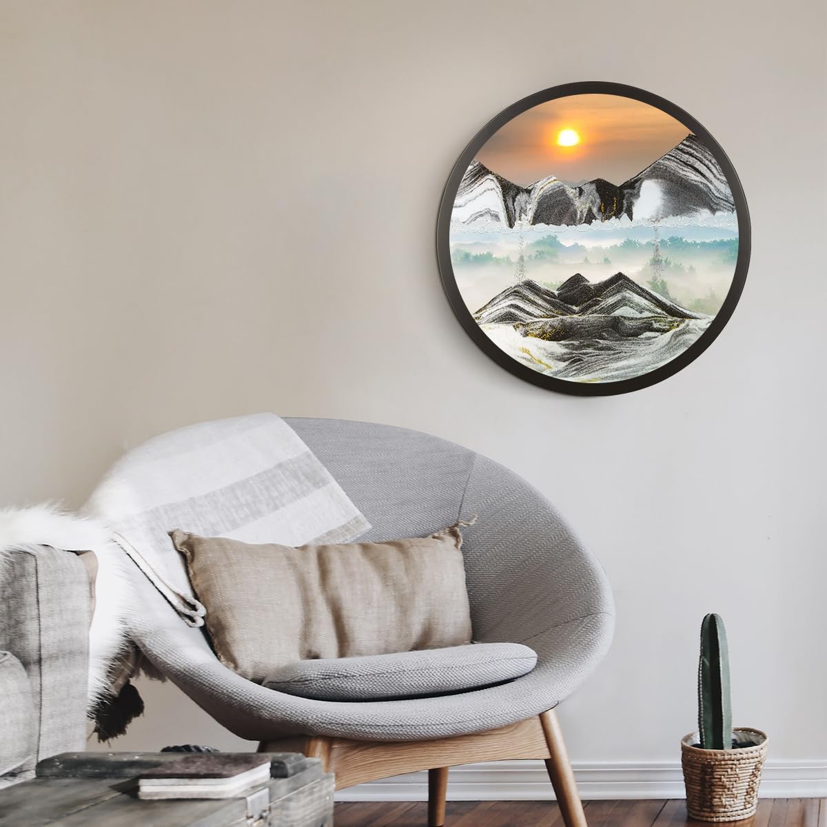 17.3" Moving Sand Art, 3D Sand Art Pictures Deep Sea Sandscape Living Room Decoration, 360° Rotate, Glass Crafts Solid Wood Frame, Relaxing Mood Home Office Work Wall Art Decor