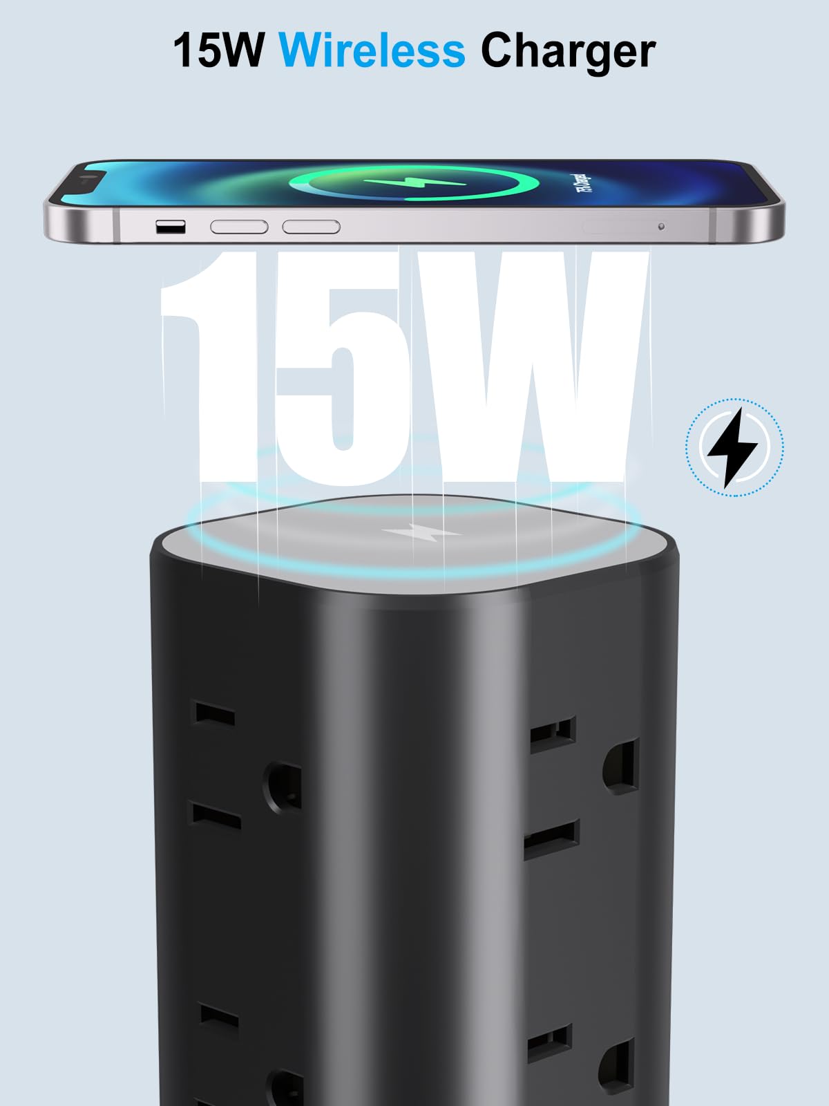 Power Strip Tower with Wireless Charger, Flat Plug Surge Protector Tower with 6FT Extension Cord, 12 AC Multiple Outlets, 4 USB (2 USB C),15W Wireless Charging Power Tower for Home Office Dorm, White