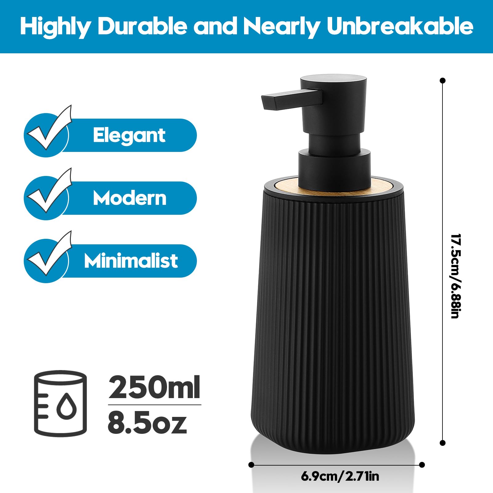 Small Soap Dispenser for Bathroom and Kitchen, Modern Farmhouse Striped Style Plastic Hand Soap Dish Soap Dispenser with Pump Matte Black
