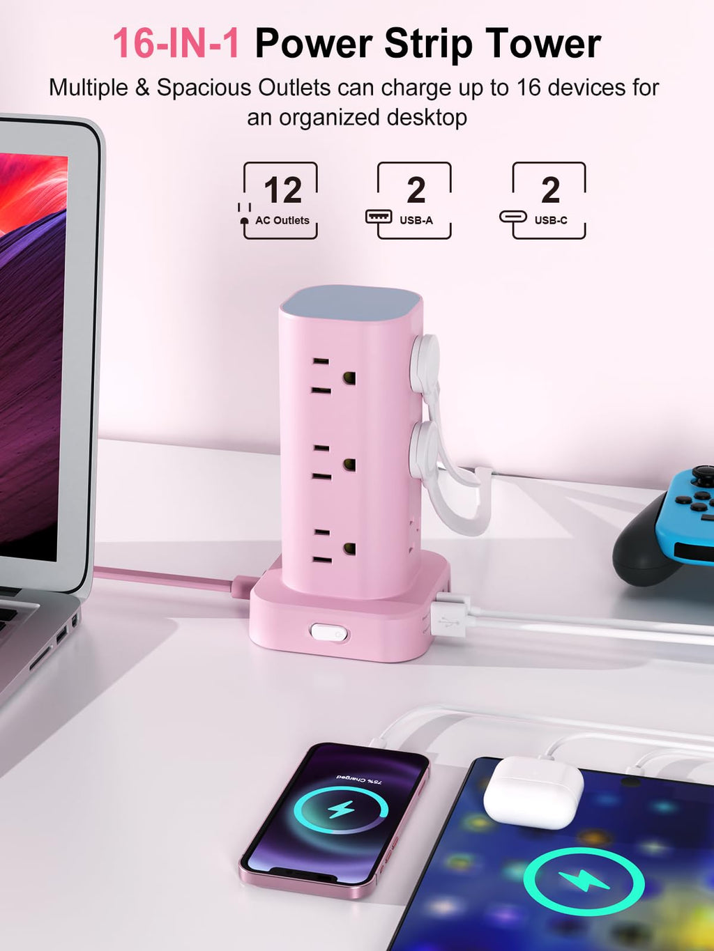 Power Strip Tower with Wireless Charger, Flat Plug Surge Protector Tower with 6FT Extension Cord, 12 AC Multiple Outlets, 4 USB (2 USB C),15W Wireless Charging Power Tower for Home Office Dorm, White
