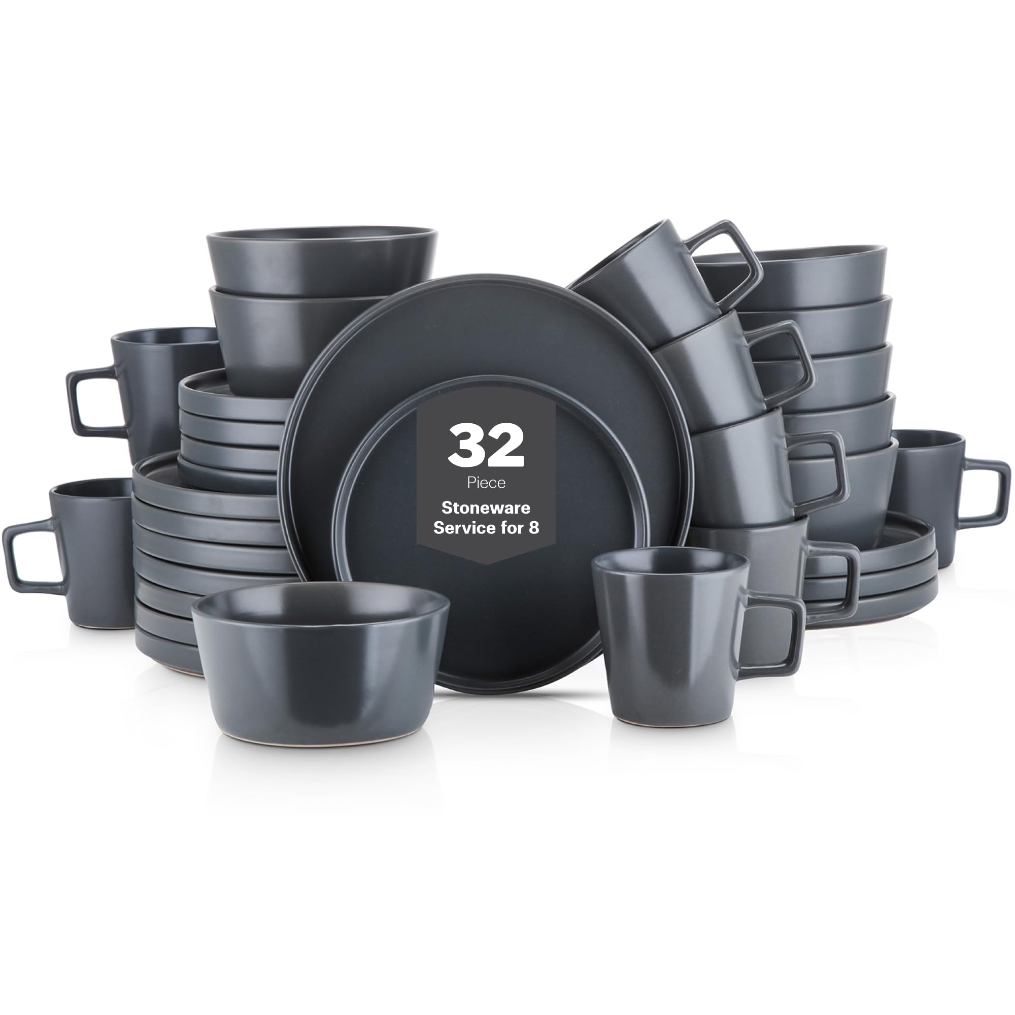 Stone Lain Celina Stoneware 16 Piece Dinnerware Set, Plates and Bowls, Black Matte Dish, Service for 4 – Minimalist Round Style, Microwave & Dishwasher Safe