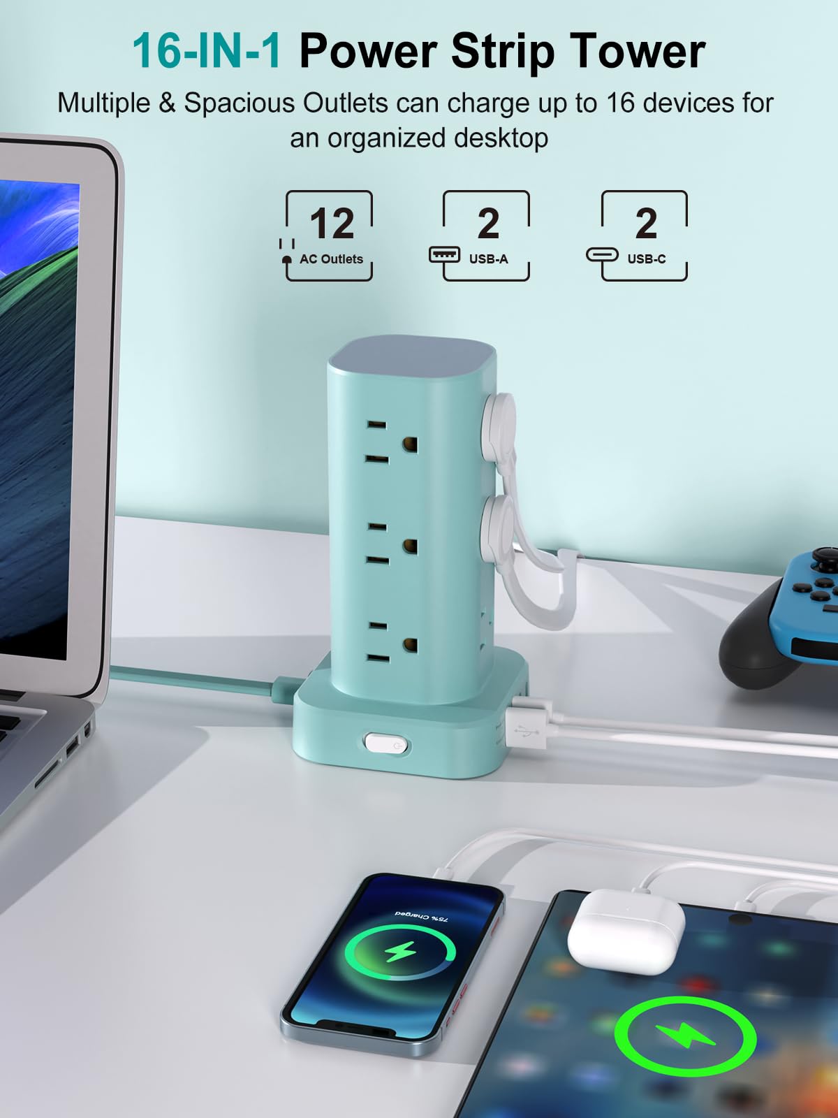 Power Strip Tower with Wireless Charger, Flat Plug Surge Protector Tower with 6FT Extension Cord, 12 AC Multiple Outlets, 4 USB (2 USB C),15W Wireless Charging Power Tower for Home Office Dorm, White