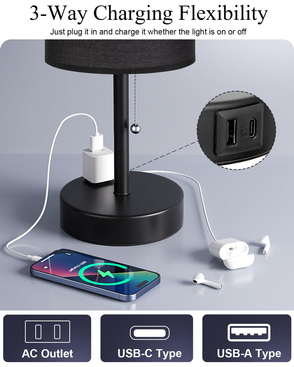 Bedside Table Lamps Set of 2-3 Color Temperatures Pull Chain Lamp with AC Outlet Charging Port, Small Round Night Stand Lamps for Bedroom Guest Room Office, Bed Side Light with E26 LED Bulbs