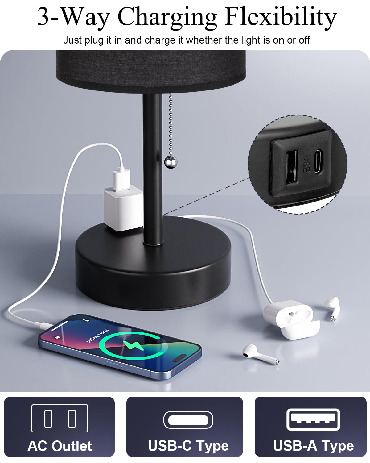 Bedside Table Lamps Set of 2-3 Color Temperatures Pull Chain Lamp with AC Outlet Charging Port, Small Round Night Stand Lamps for Bedroom Guest Room Office, Bed Side Light with E26 LED Bulbs