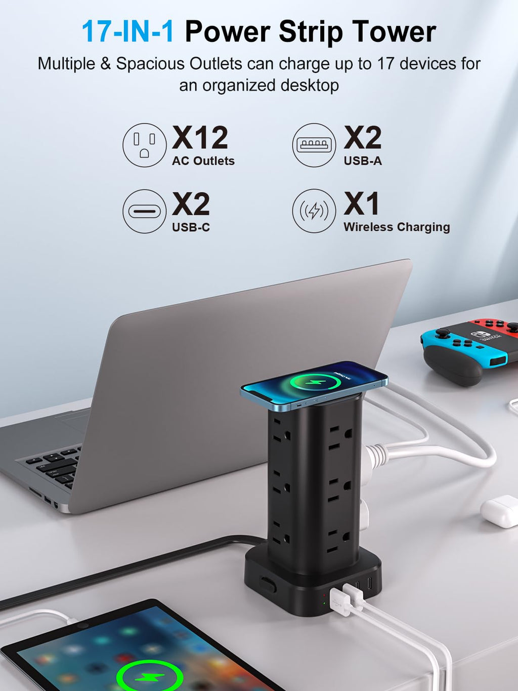Power Strip Tower with Wireless Charger, Flat Plug Surge Protector Tower with 6FT Extension Cord, 12 AC Multiple Outlets, 4 USB (2 USB C),15W Wireless Charging Power Tower for Home Office Dorm, White