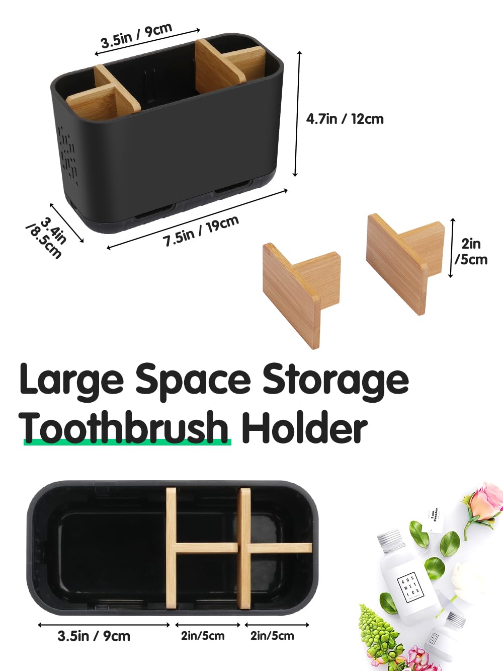 GFWARE Black Toothbrush Holder - Bamboo Toothbrush Holders for Bathrooms Electric Toothbrush Holder Organizer Kids Toothbrush Holders for Bathrooms Countertop