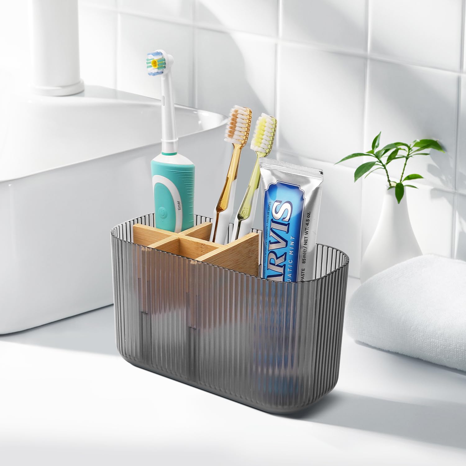 GFWARE Black Toothbrush Holder - Bamboo Toothbrush Holders for Bathrooms Electric Toothbrush Holder Organizer Kids Toothbrush Holders for Bathrooms Countertop