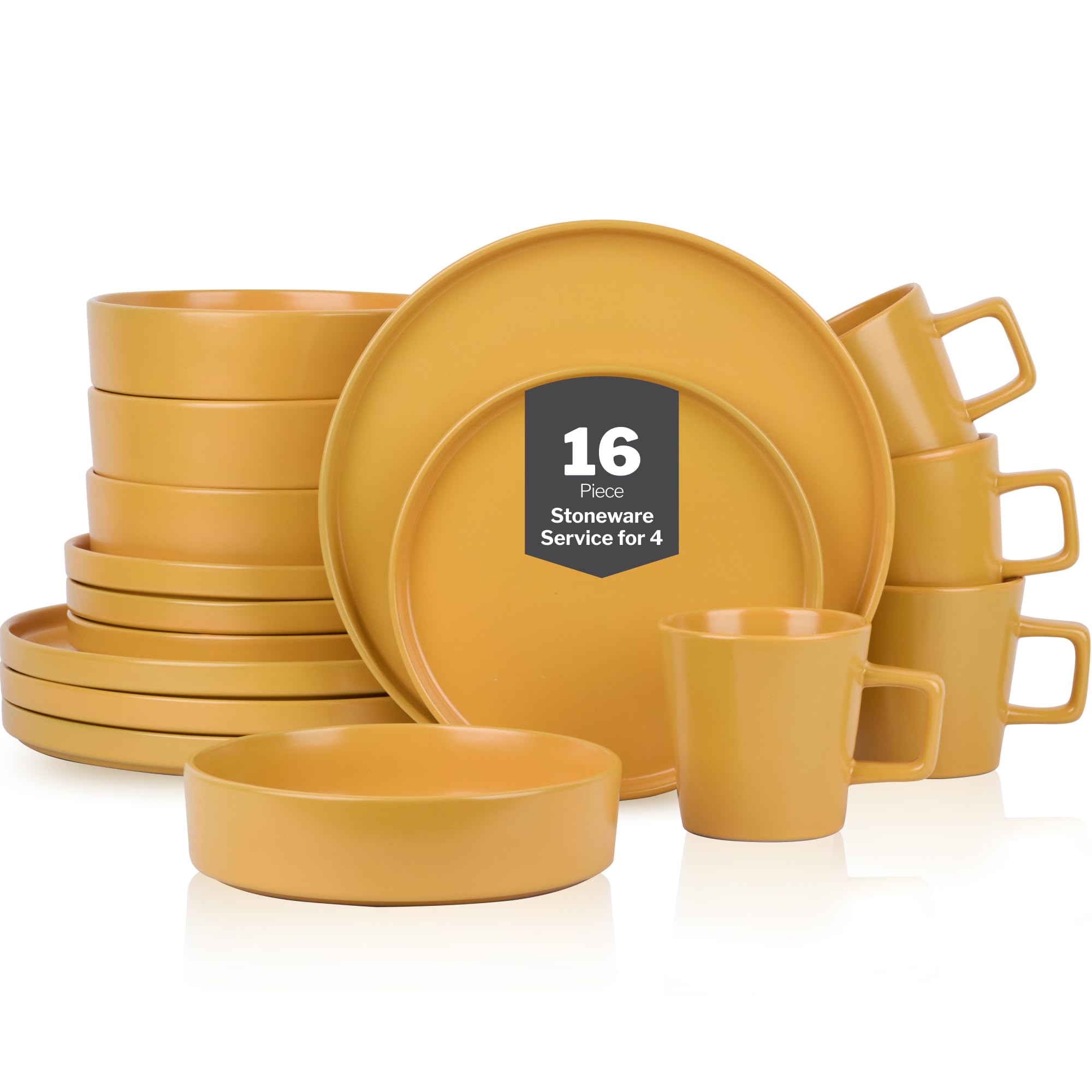 Stone Lain Celina Stoneware 16 Piece Dinnerware Set, Plates and Bowls, Black Matte Dish, Service for 4 – Minimalist Round Style, Microwave & Dishwasher Safe