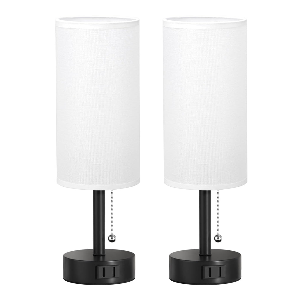 Bedside Table Lamps Set of 2-3 Color Temperatures Pull Chain Lamp with AC Outlet Charging Port, Small Round Night Stand Lamps for Bedroom Guest Room Office, Bed Side Light with E26 LED Bulbs