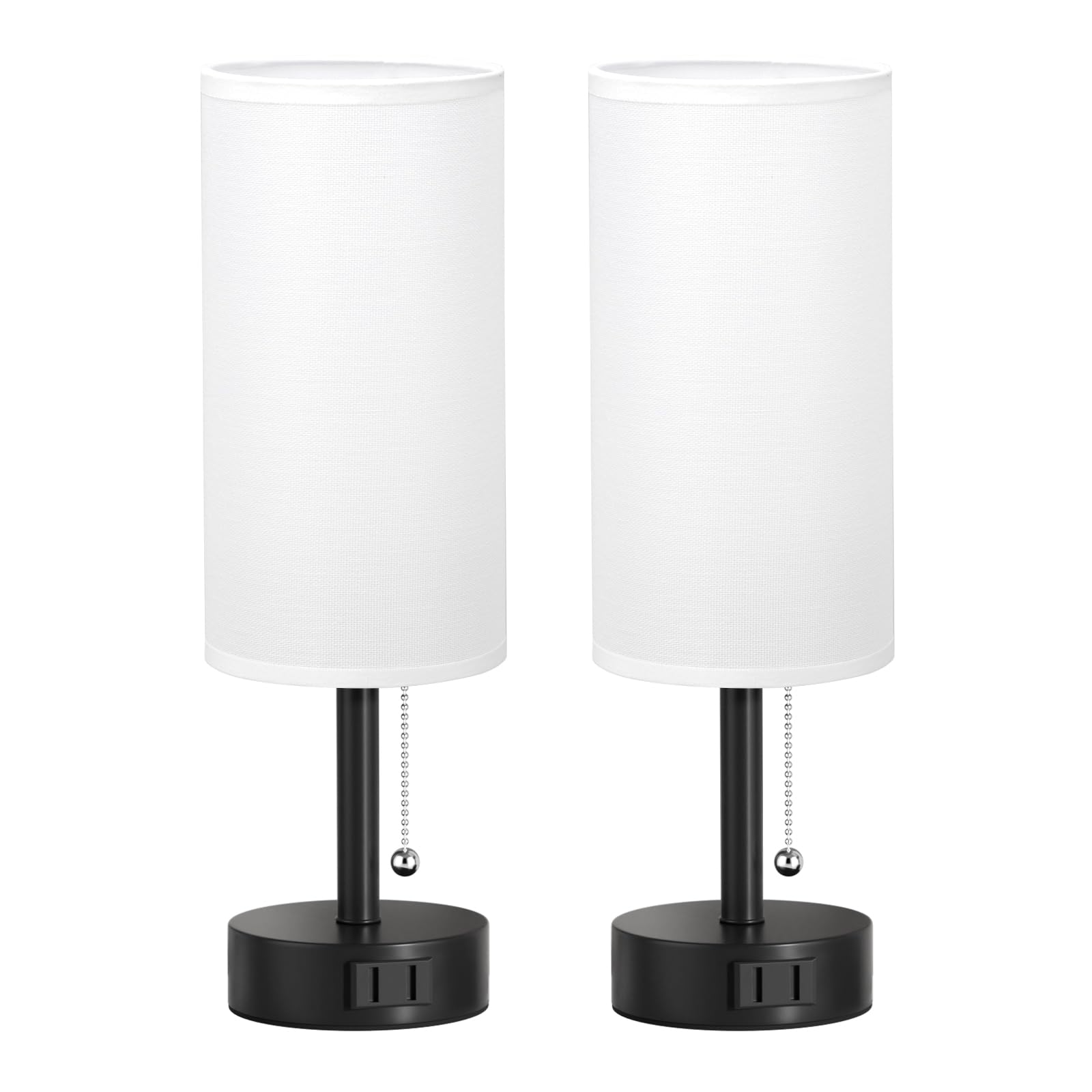 Bedside Table Lamps Set of 2-3 Color Temperatures Pull Chain Lamp with AC Outlet Charging Port, Small Round Night Stand Lamps for Bedroom Guest Room Office, Bed Side Light with E26 LED Bulbs