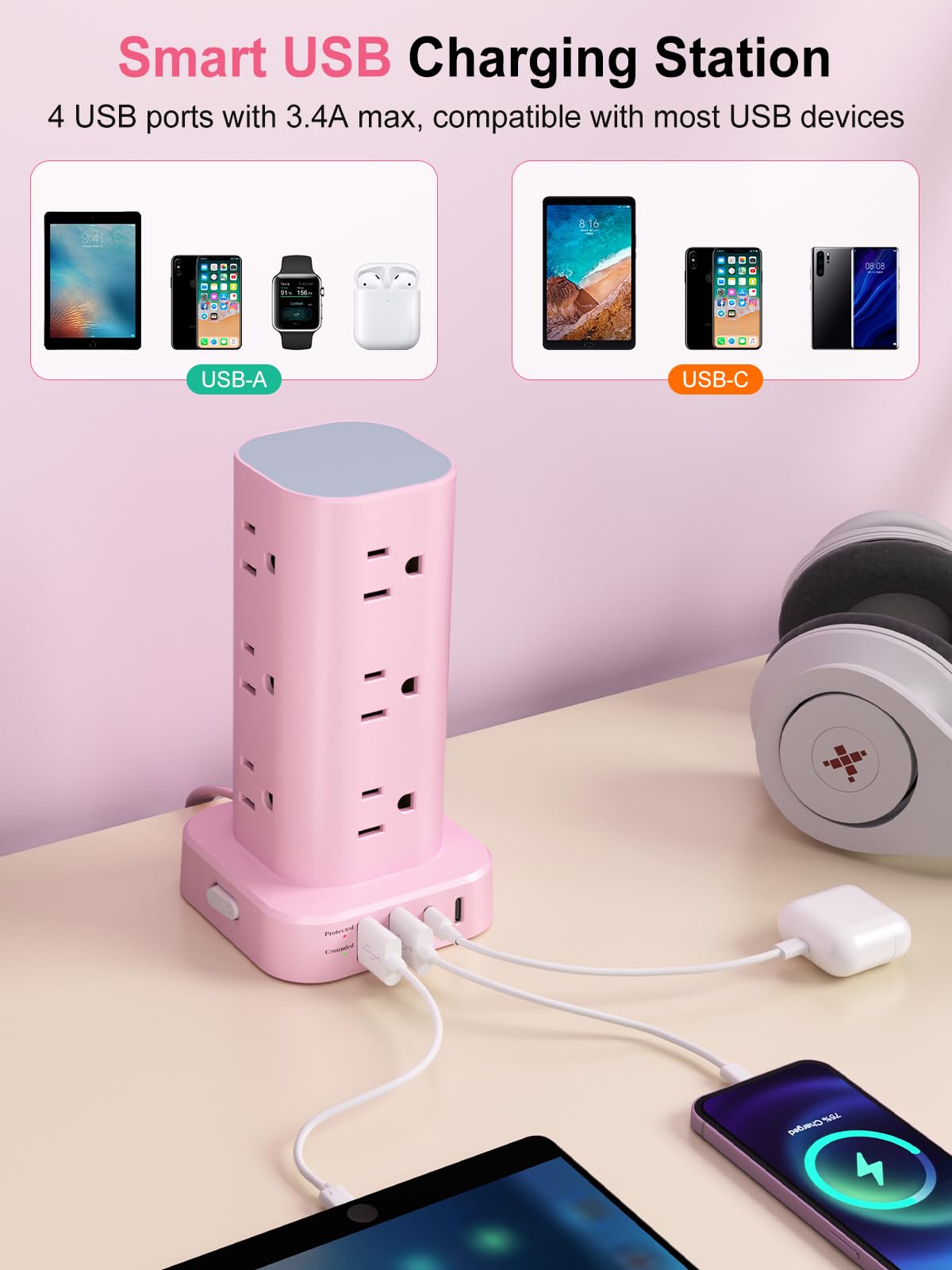 Power Strip Tower with Wireless Charger, Flat Plug Surge Protector Tower with 6FT Extension Cord, 12 AC Multiple Outlets, 4 USB (2 USB C),15W Wireless Charging Power Tower for Home Office Dorm, White