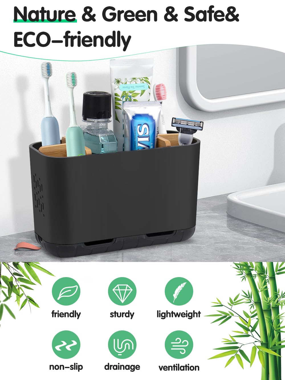 GFWARE Black Toothbrush Holder - Bamboo Toothbrush Holders for Bathrooms Electric Toothbrush Holder Organizer Kids Toothbrush Holders for Bathrooms Countertop