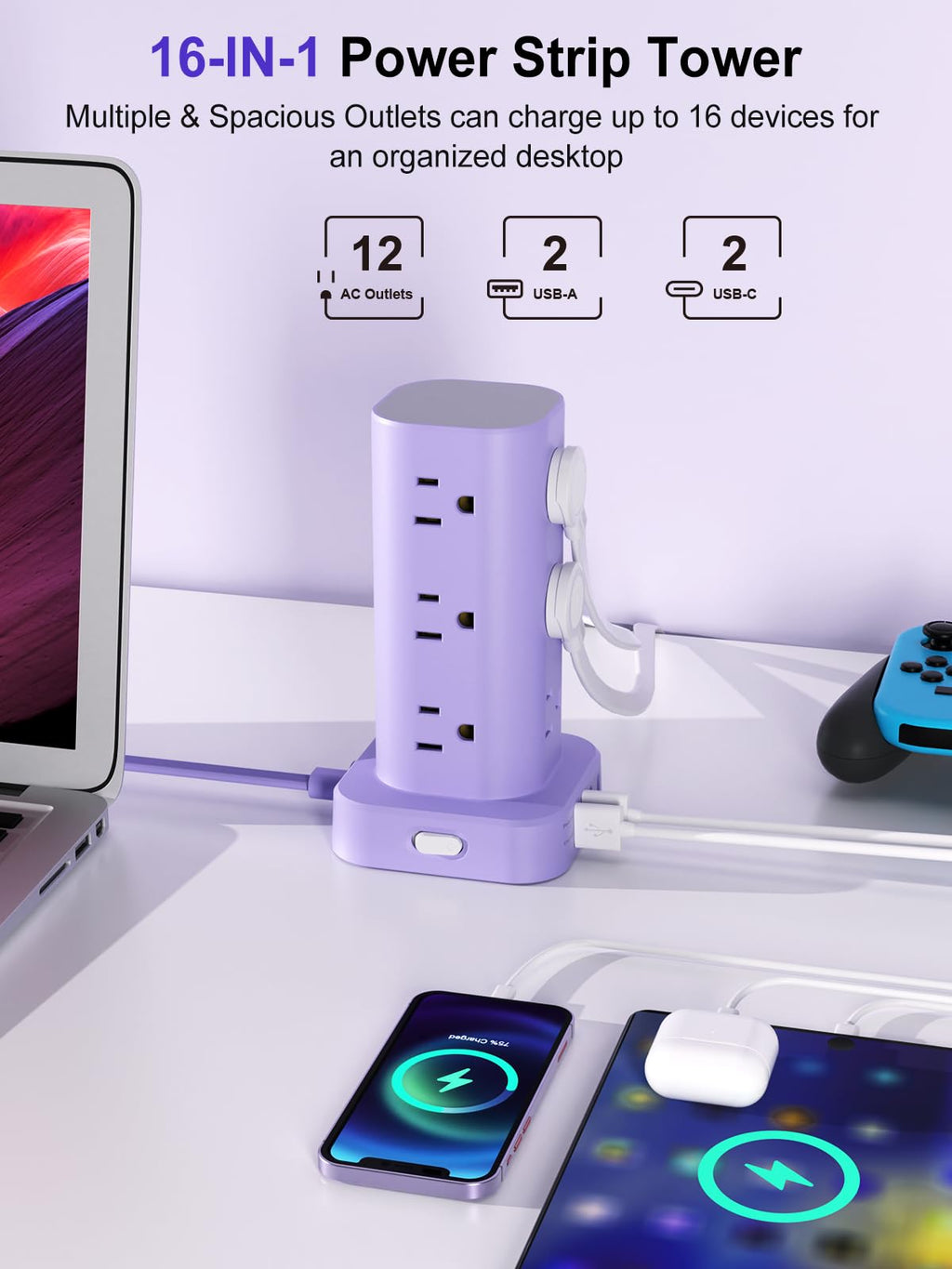 Power Strip Tower with Wireless Charger, Flat Plug Surge Protector Tower with 6FT Extension Cord, 12 AC Multiple Outlets, 4 USB (2 USB C),15W Wireless Charging Power Tower for Home Office Dorm, White