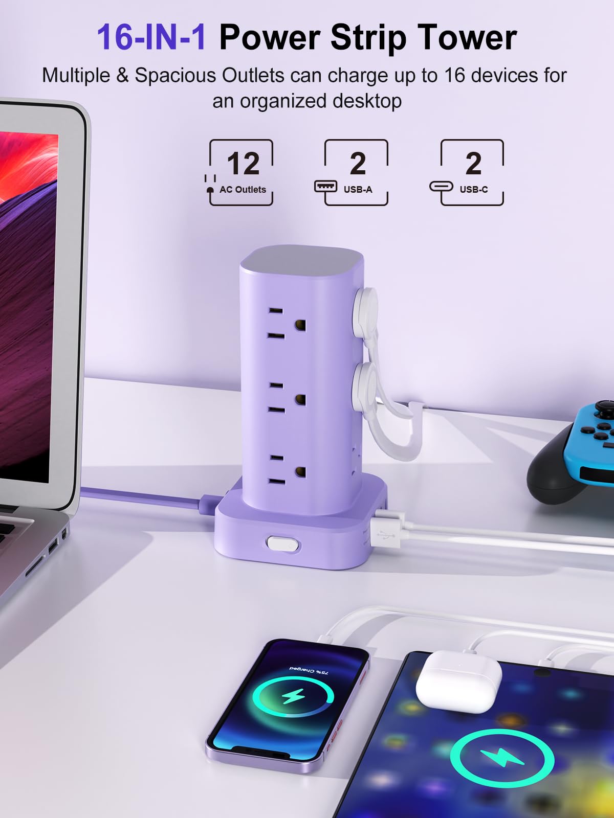 Power Strip Tower with Wireless Charger, Flat Plug Surge Protector Tower with 6FT Extension Cord, 12 AC Multiple Outlets, 4 USB (2 USB C),15W Wireless Charging Power Tower for Home Office Dorm, White