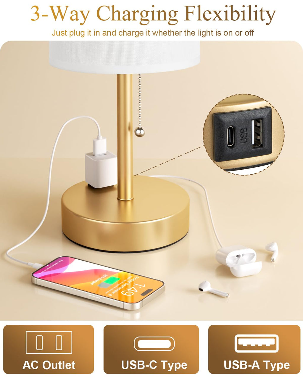 Bedside Table Lamps Set of 2-3 Color Temperatures Pull Chain Lamp with AC Outlet Charging Port, Small Round Night Stand Lamps for Bedroom Guest Room Office, Bed Side Light with E26 LED Bulbs