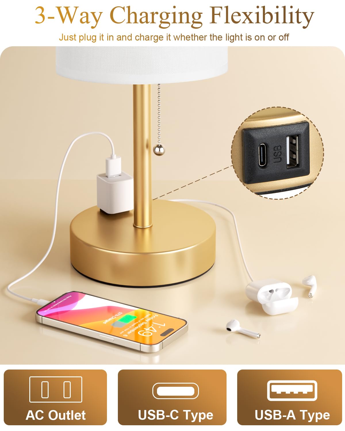 Bedside Table Lamps Set of 2-3 Color Temperatures Pull Chain Lamp with AC Outlet Charging Port, Small Round Night Stand Lamps for Bedroom Guest Room Office, Bed Side Light with E26 LED Bulbs