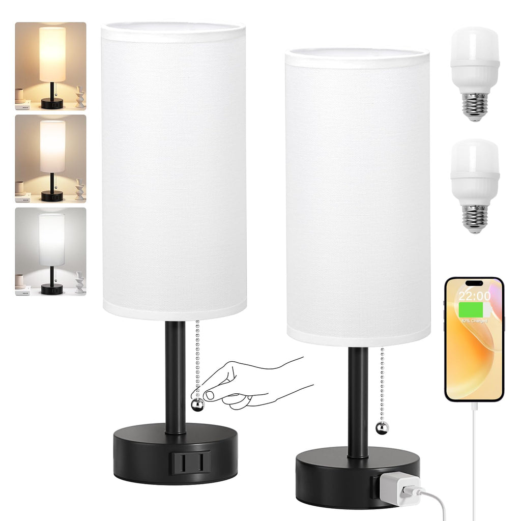 Bedside Table Lamps Set of 2-3 Color Temperatures Pull Chain Lamp with AC Outlet Charging Port, Small Round Night Stand Lamps for Bedroom Guest Room Office, Bed Side Light with E26 LED Bulbs