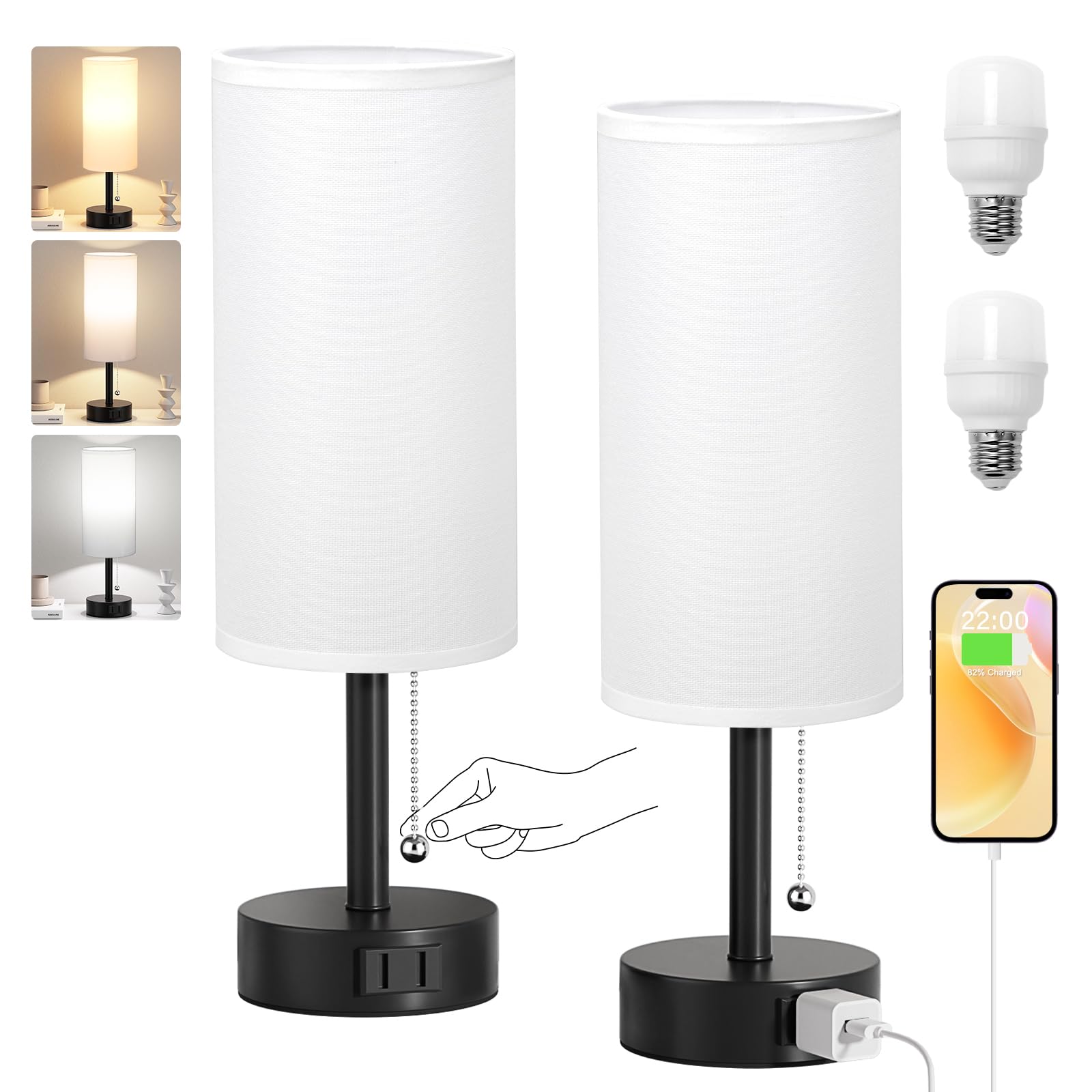 Bedside Table Lamps Set of 2-3 Color Temperatures Pull Chain Lamp with AC Outlet Charging Port, Small Round Night Stand Lamps for Bedroom Guest Room Office, Bed Side Light with E26 LED Bulbs