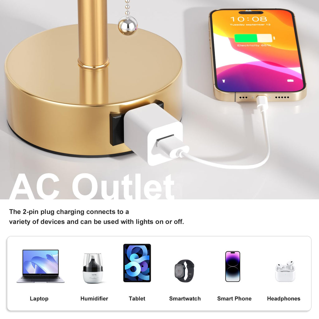 Bedside Table Lamps Set of 2-3 Color Temperatures Pull Chain Lamp with AC Outlet Charging Port, Small Round Night Stand Lamps for Bedroom Guest Room Office, Bed Side Light with E26 LED Bulbs