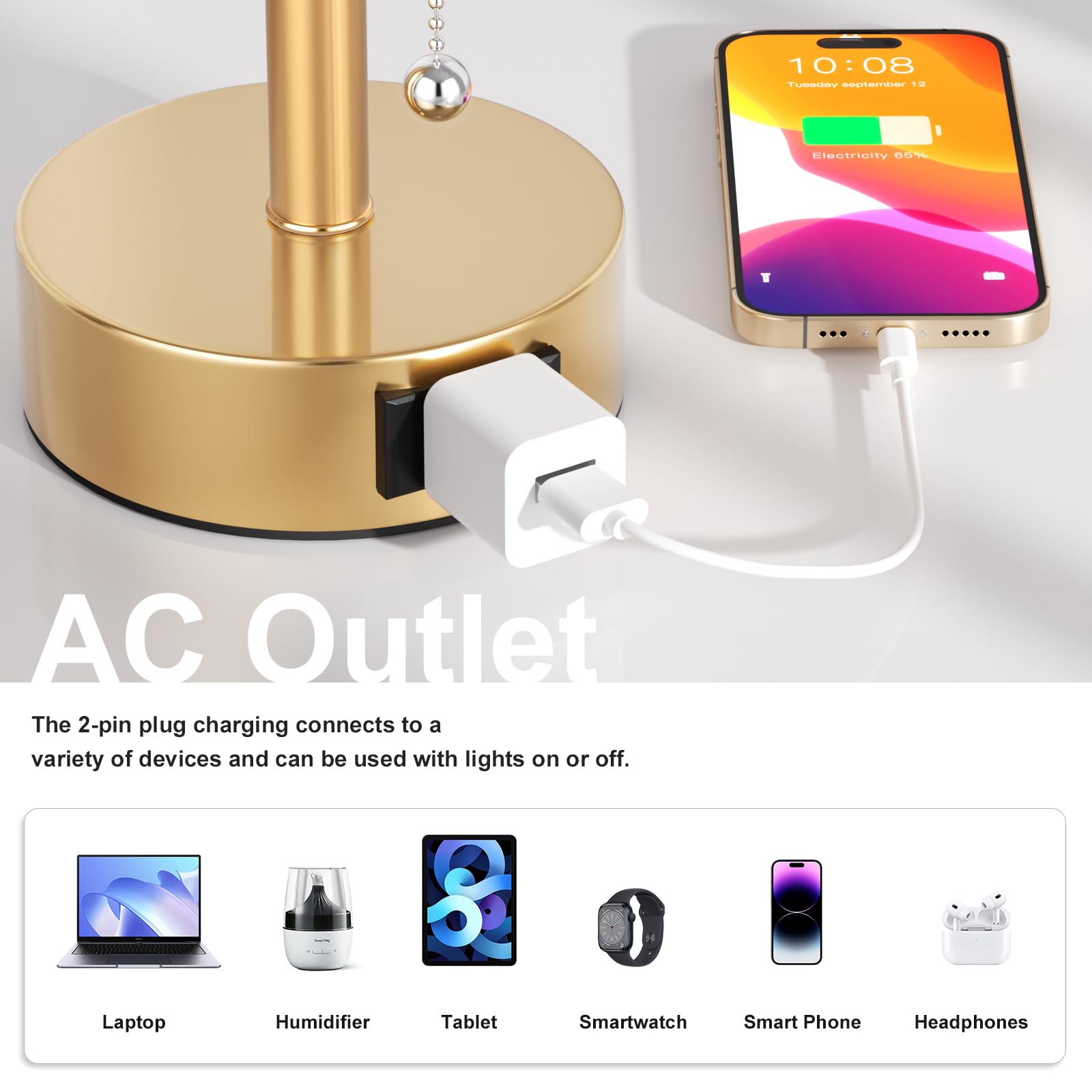 Bedside Table Lamps Set of 2-3 Color Temperatures Pull Chain Lamp with AC Outlet Charging Port, Small Round Night Stand Lamps for Bedroom Guest Room Office, Bed Side Light with E26 LED Bulbs