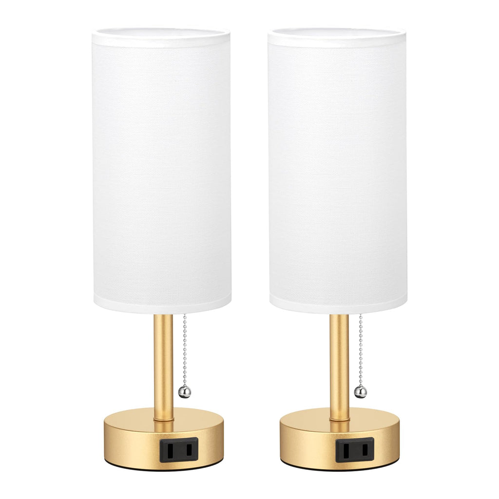 Bedside Table Lamps Set of 2-3 Color Temperatures Pull Chain Lamp with AC Outlet Charging Port, Small Round Night Stand Lamps for Bedroom Guest Room Office, Bed Side Light with E26 LED Bulbs