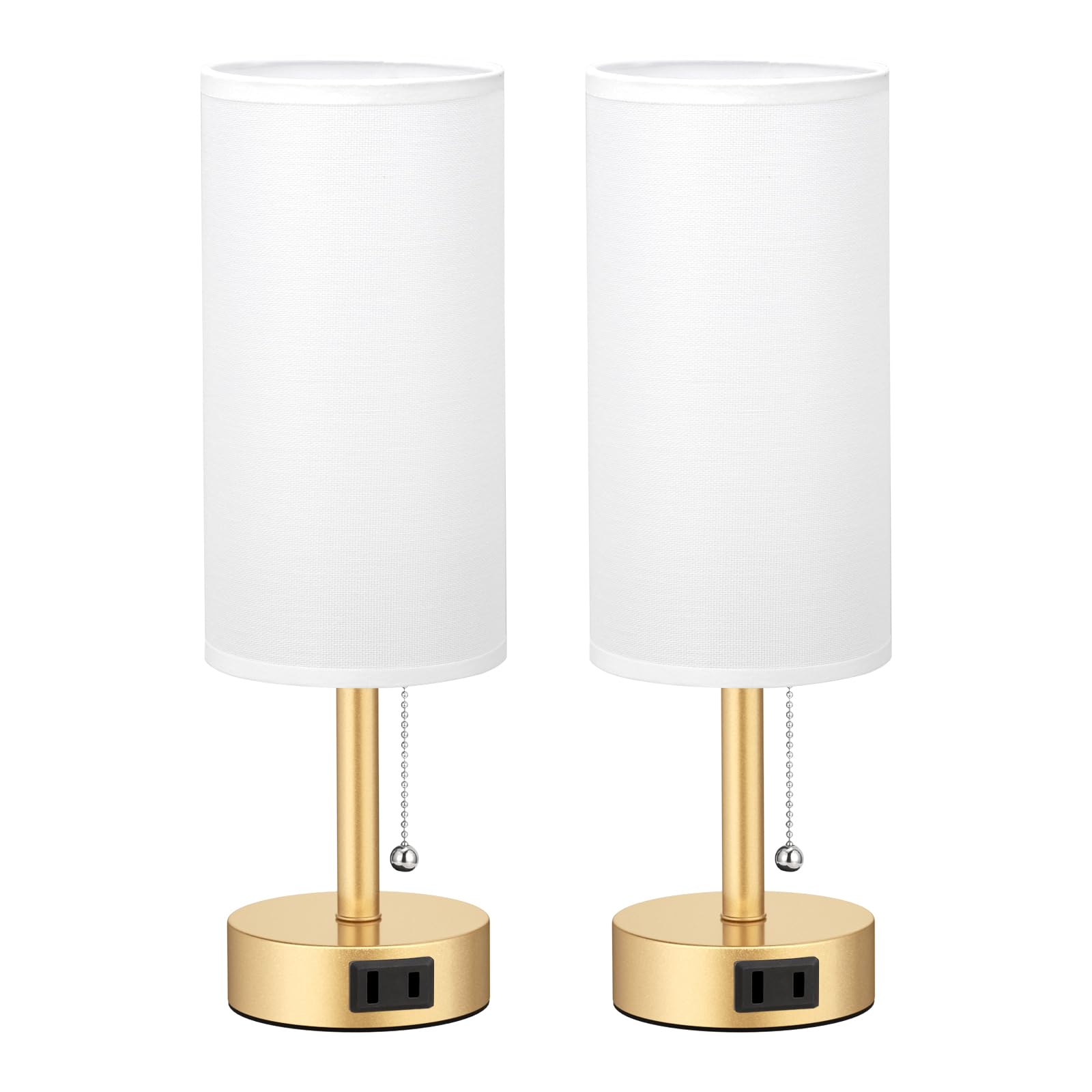Bedside Table Lamps Set of 2-3 Color Temperatures Pull Chain Lamp with AC Outlet Charging Port, Small Round Night Stand Lamps for Bedroom Guest Room Office, Bed Side Light with E26 LED Bulbs