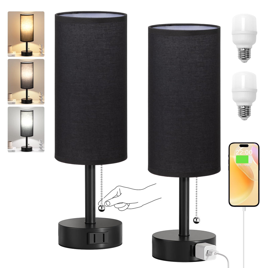 Bedside Table Lamps Set of 2-3 Color Temperatures Pull Chain Lamp with AC Outlet Charging Port, Small Round Night Stand Lamps for Bedroom Guest Room Office, Bed Side Light with E26 LED Bulbs