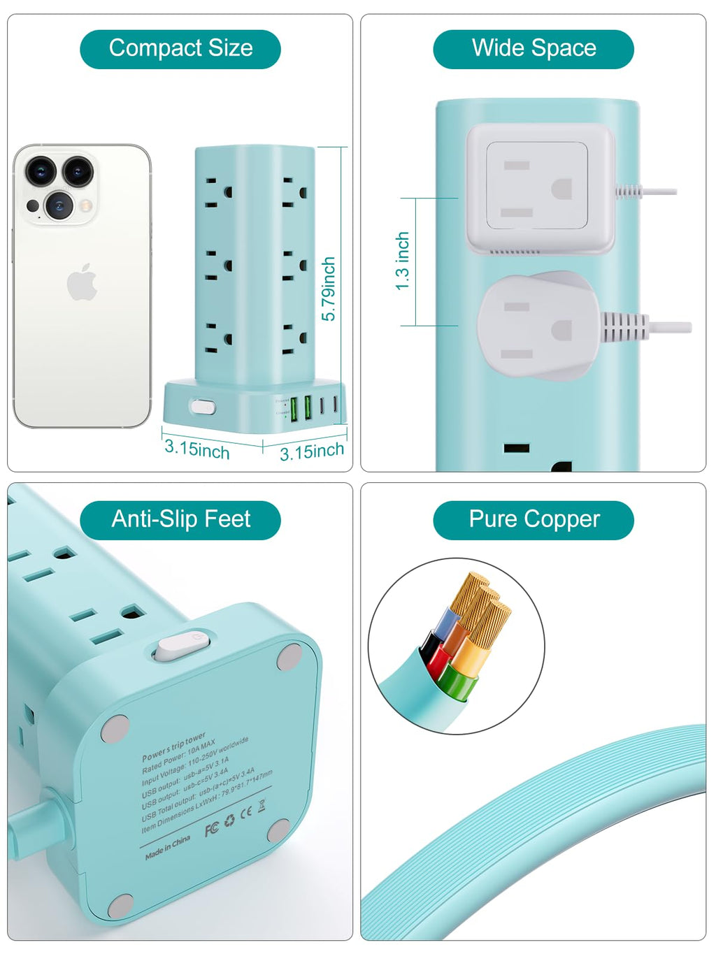 Power Strip Tower with Wireless Charger, Flat Plug Surge Protector Tower with 6FT Extension Cord, 12 AC Multiple Outlets, 4 USB (2 USB C),15W Wireless Charging Power Tower for Home Office Dorm, White