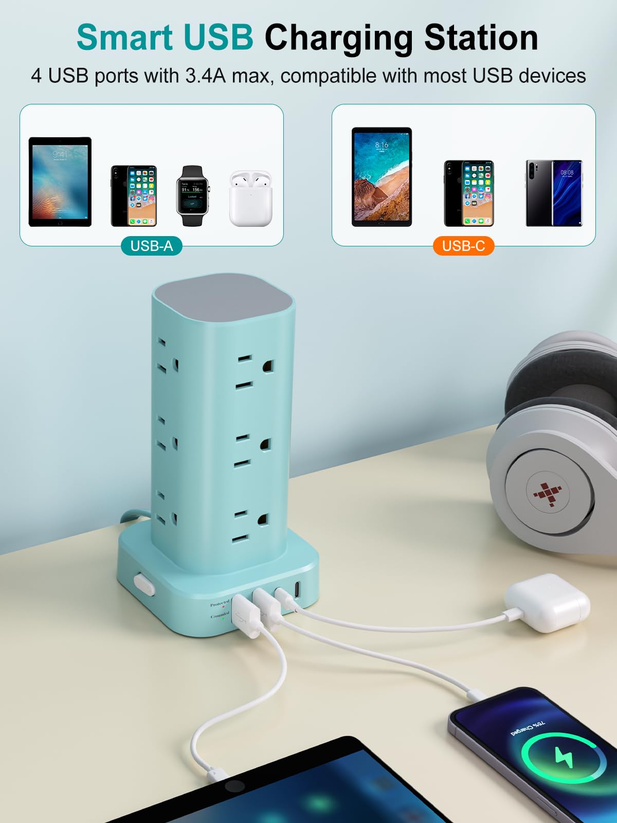 Power Strip Tower with Wireless Charger, Flat Plug Surge Protector Tower with 6FT Extension Cord, 12 AC Multiple Outlets, 4 USB (2 USB C),15W Wireless Charging Power Tower for Home Office Dorm, White