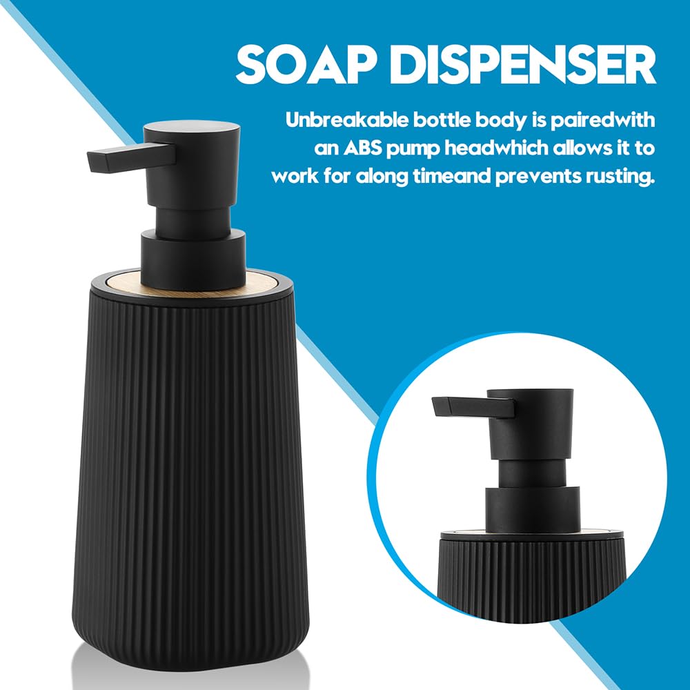 Small Soap Dispenser for Bathroom and Kitchen, Modern Farmhouse Striped Style Plastic Hand Soap Dish Soap Dispenser with Pump Matte Black