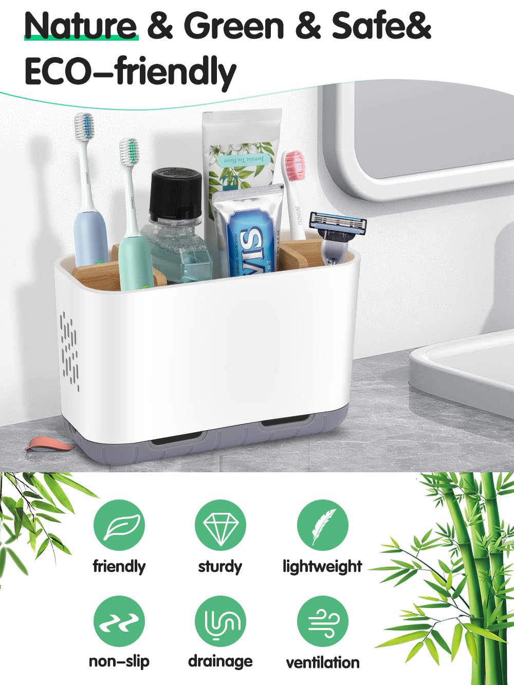 GFWARE Black Toothbrush Holder - Bamboo Toothbrush Holders for Bathrooms Electric Toothbrush Holder Organizer Kids Toothbrush Holders for Bathrooms Countertop