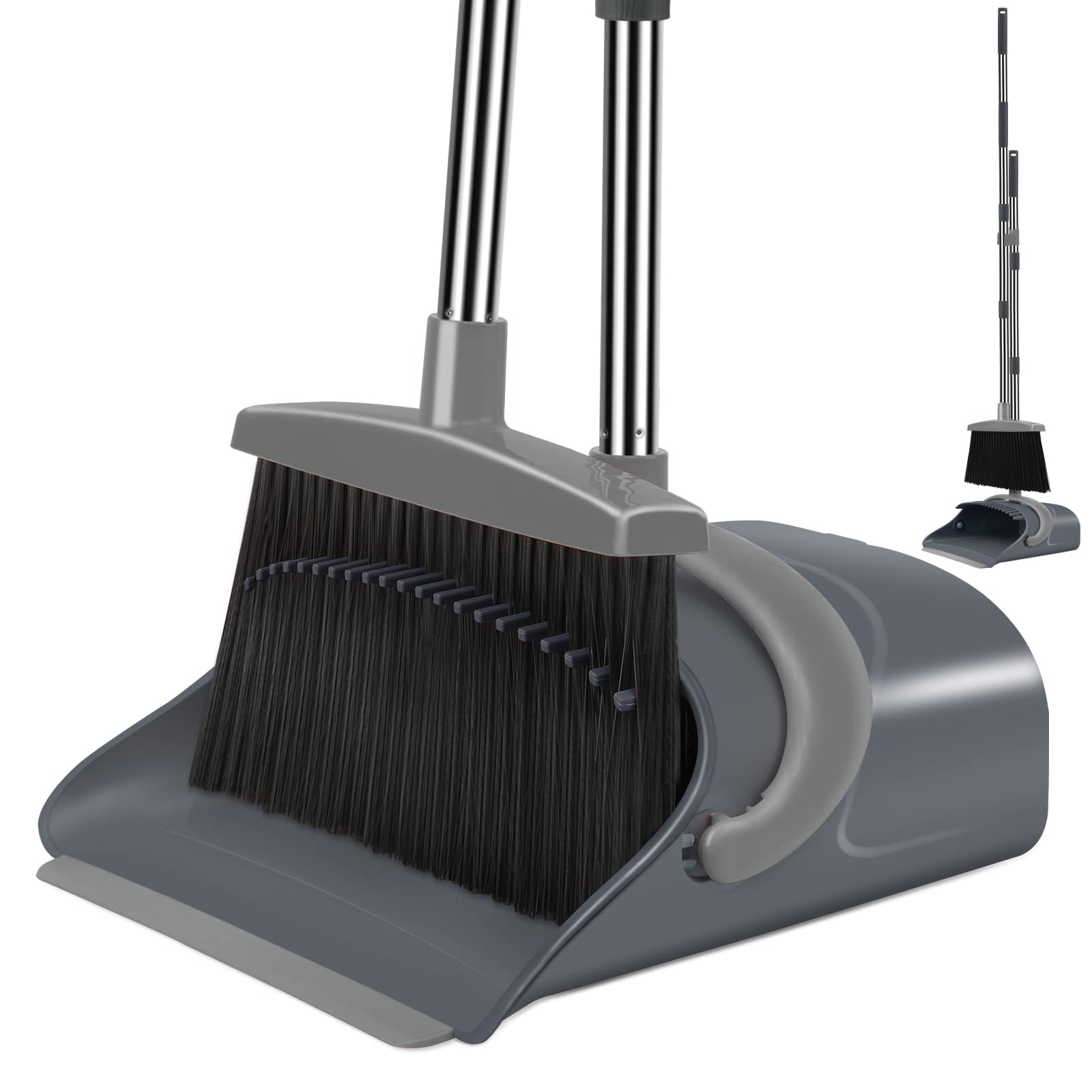 Ivandar Broom and Dustpan Set for Home, Broom and Dustpan Combo for Office, Long Handle Broom with Upright Standing Dust pan,Indoor&Outdoor Sweeping (Gray&Orange)