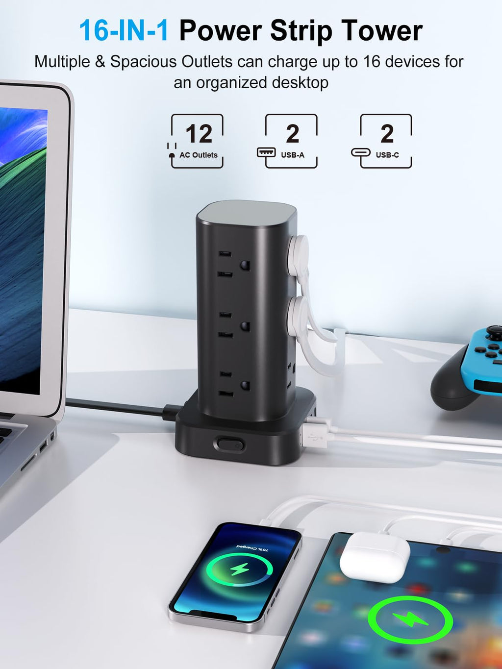 Power Strip Tower with Wireless Charger, Flat Plug Surge Protector Tower with 6FT Extension Cord, 12 AC Multiple Outlets, 4 USB (2 USB C),15W Wireless Charging Power Tower for Home Office Dorm, White