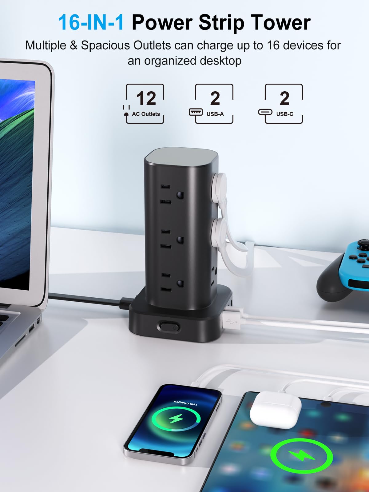 Power Strip Tower with Wireless Charger, Flat Plug Surge Protector Tower with 6FT Extension Cord, 12 AC Multiple Outlets, 4 USB (2 USB C),15W Wireless Charging Power Tower for Home Office Dorm, White